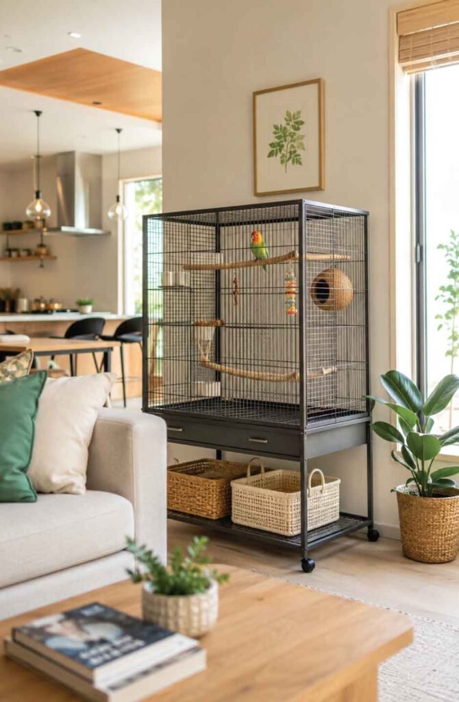 Properly placed lovebird cage in safe location away from kitchen hazards and airborne dangers