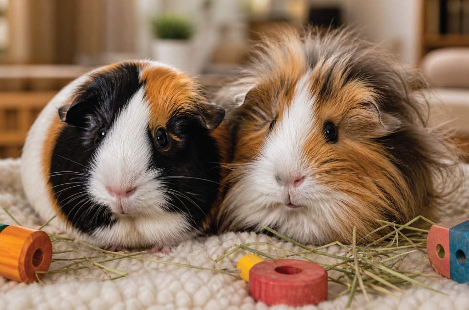 Two cute, fluffy guinea pigs sitting together on fleece bedding surrounded by hay and toys, a high-quality photo.