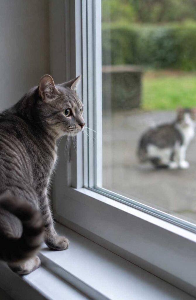 Cat displaying redirected aggression signs while staring at outdoor cat through window with dilated pupils