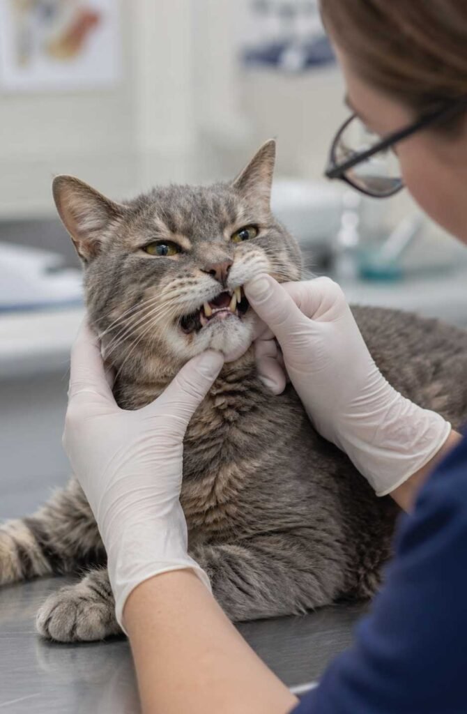 Senior cat receiving dental examination from veterinarian checking for pain-related causes of biting