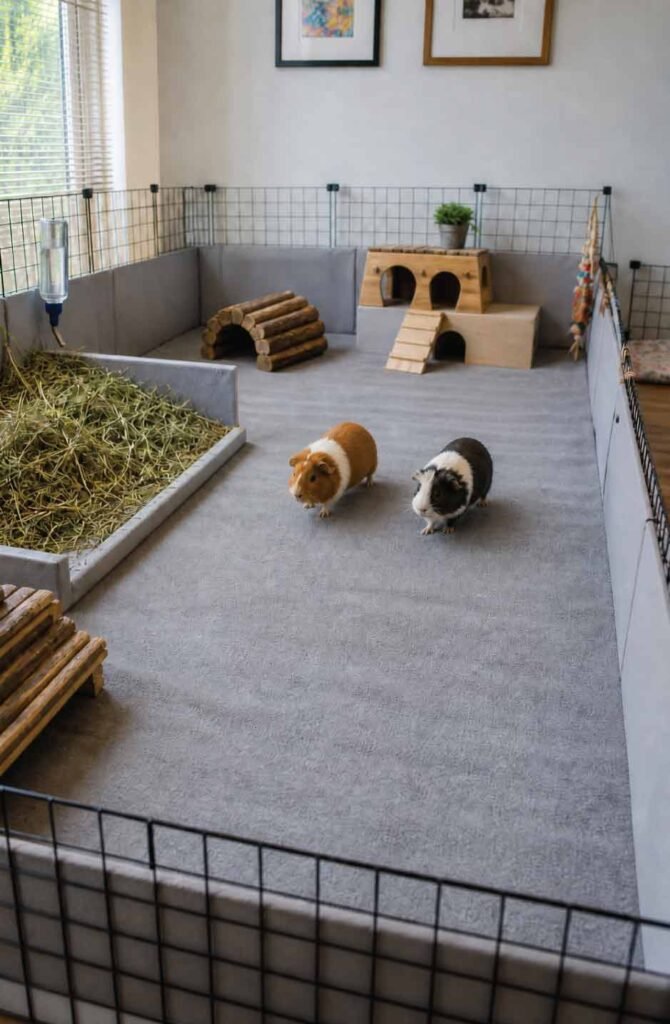 A large, clean C&C guinea pig cage set up with fleece bedding and lots of hay, demonstrating the required space.