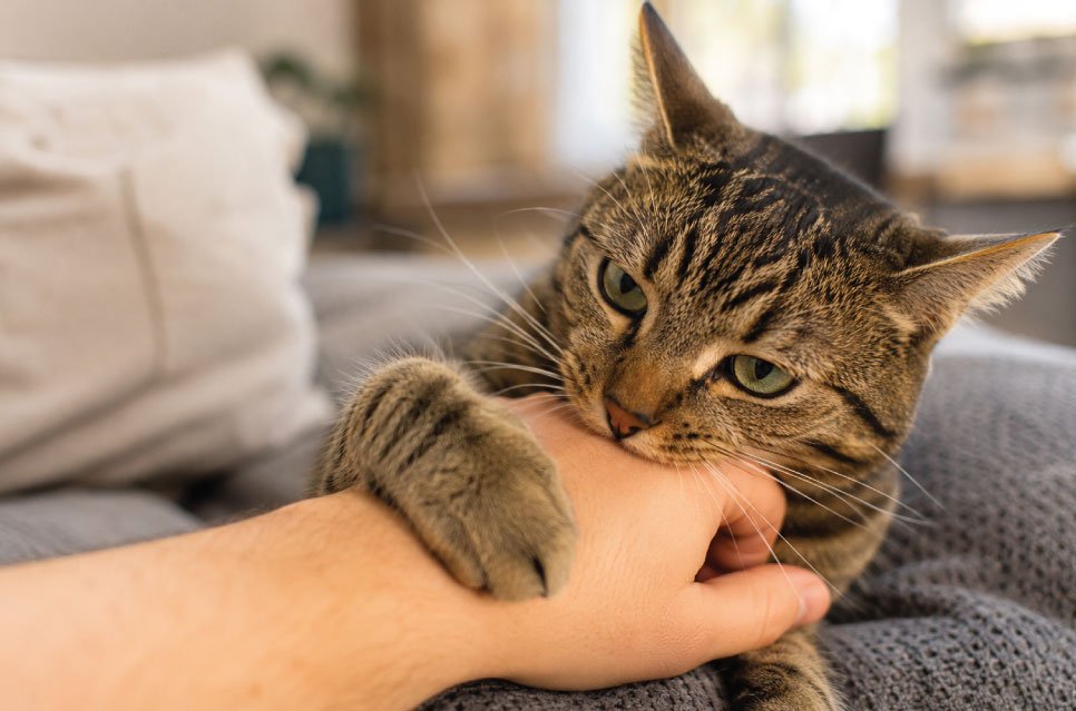 Tabby cat gently biting owner's hand demonstrating common feline biting behavior