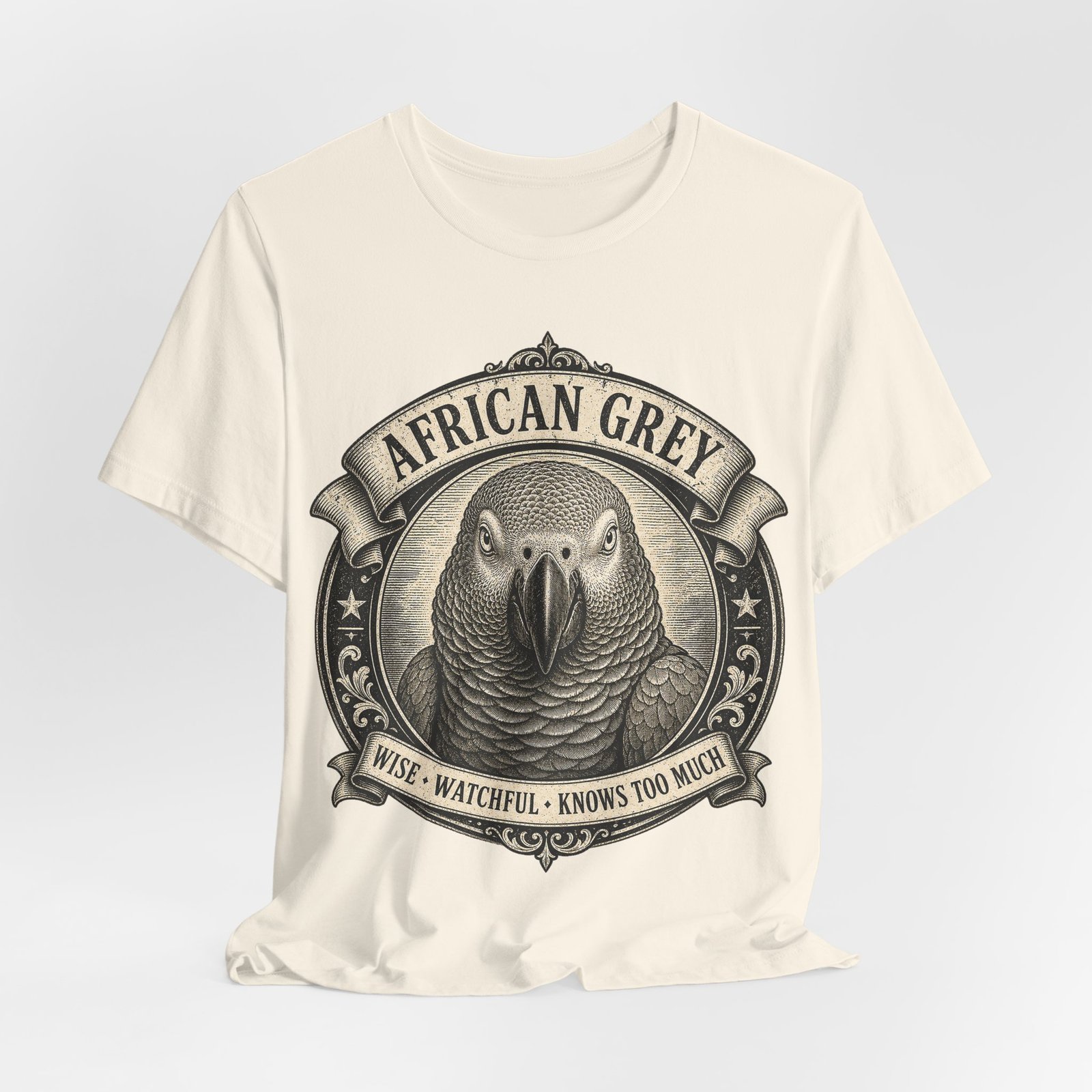 African Grey Parrot T-Shirt | Vintage Bird Graphic Tee | Wise Watchful Bird Lover Gift - Image 4
