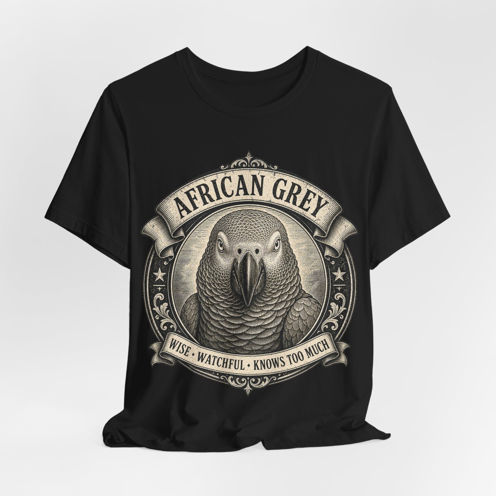 African Grey Parrot T-Shirt | Vintage Bird Graphic Tee | Wise Watchful Bird Lover Gift - Image 3