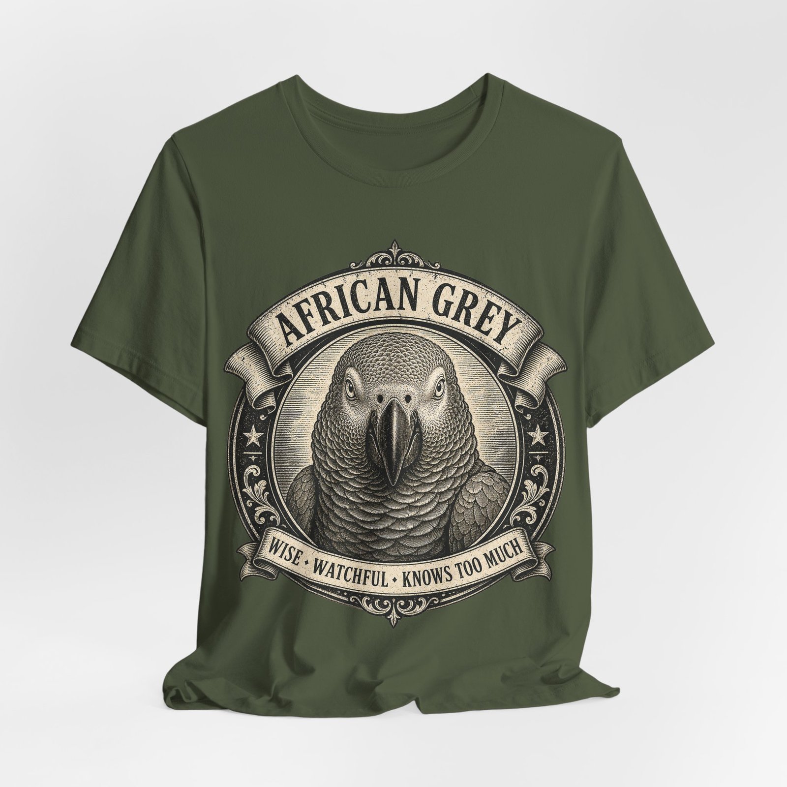 African Grey Parrot T-Shirt | Vintage Bird Graphic Tee | Wise Watchful Bird Lover Gift