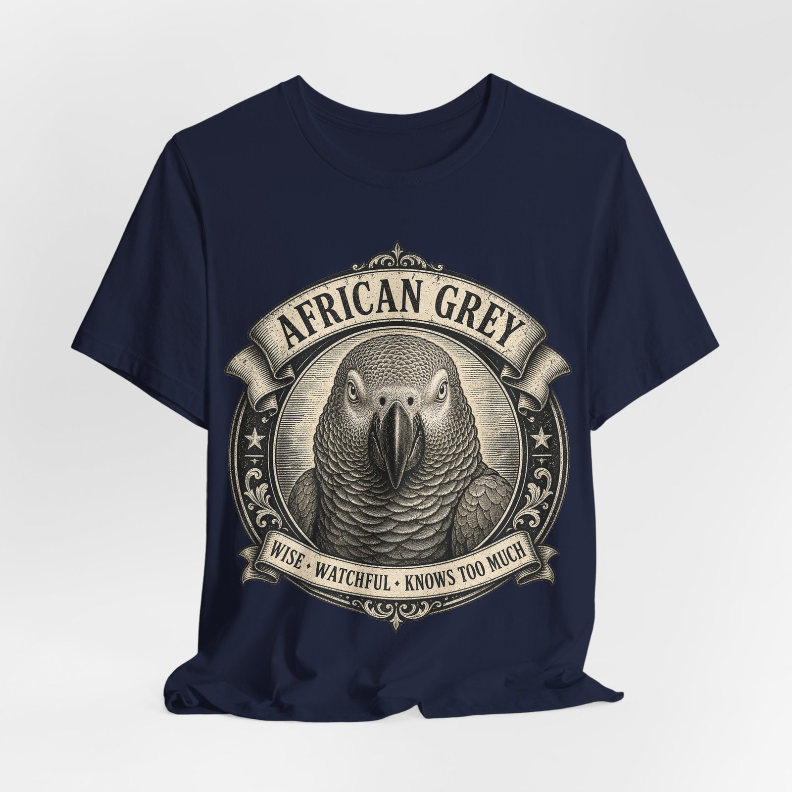 African Grey Parrot T-Shirt | Vintage Bird Graphic Tee | Wise Watchful Bird Lover Gift - Image 2