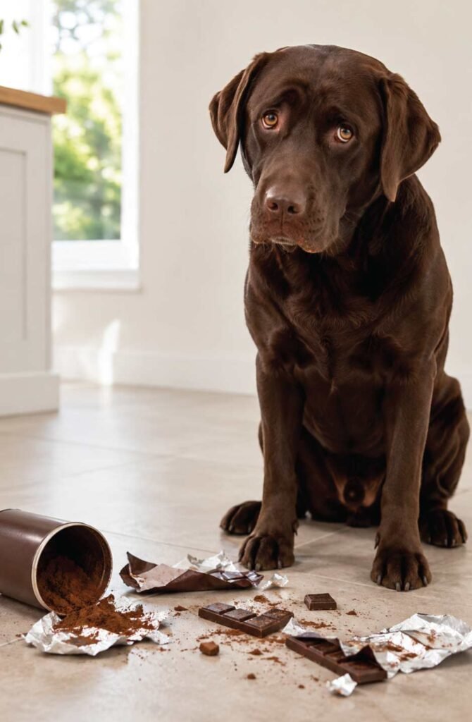 Chocolate Labrador dog sitting guiltily next to chocolate wrappers and cocoa powder