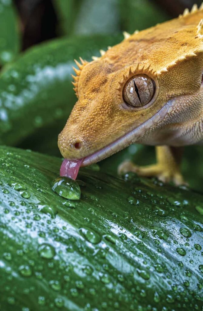 Extreme close-up of a crested gecko licking water droplets off a misted green leaf.