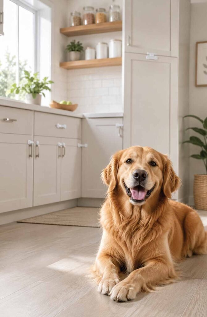 Happy healthy dog in organized pet-safe kitchen with secured cabinets and toxic foods stored away