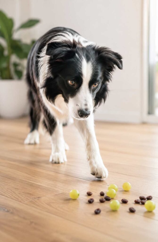 Border collie dog near scattered grapes and raisins on floor showing kidney failure risk