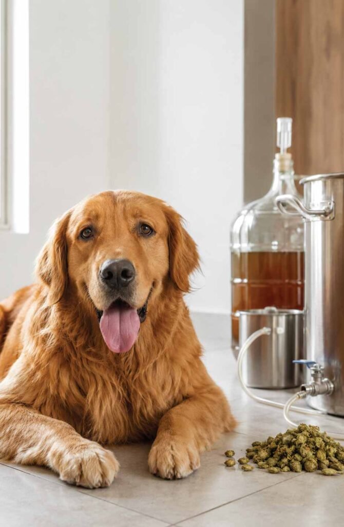Golden retriever showing heat distress near hops and homebrewing equipment