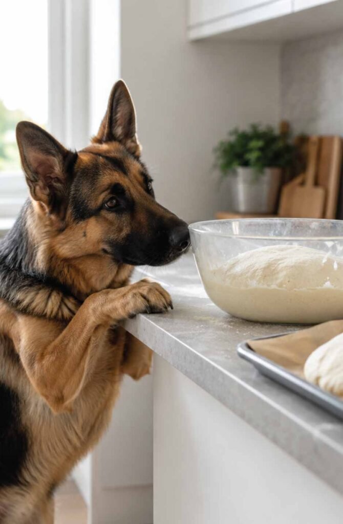 German shepherd dog counter-surfing near raw bread dough showing bloat risk