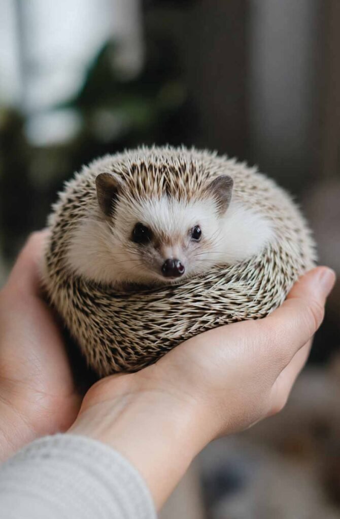 A person gently and safely scooping up a relaxed pet hedgehog from underneath its belly.