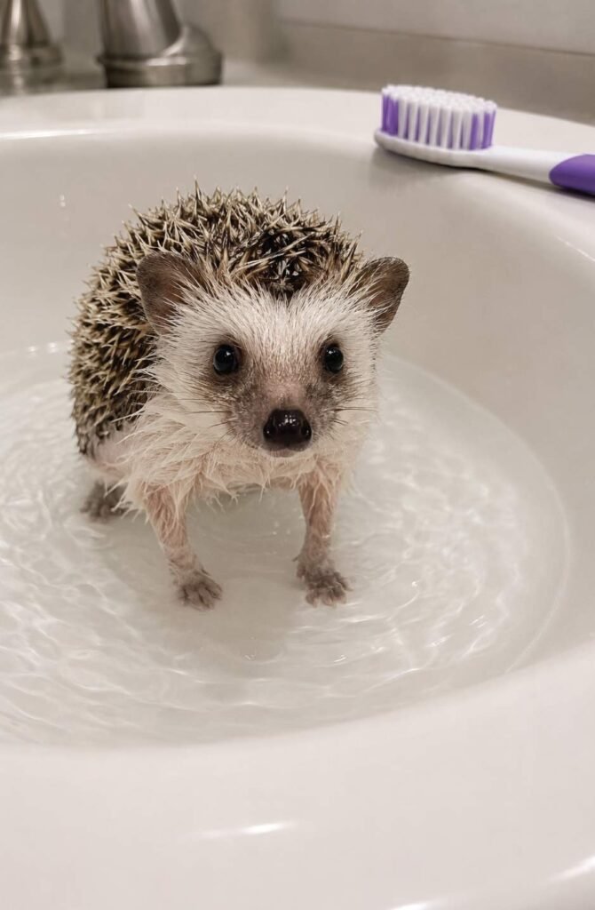 A pet hedgehog getting a safe, shallow bath in lukewarm water to clean its quills and feet.