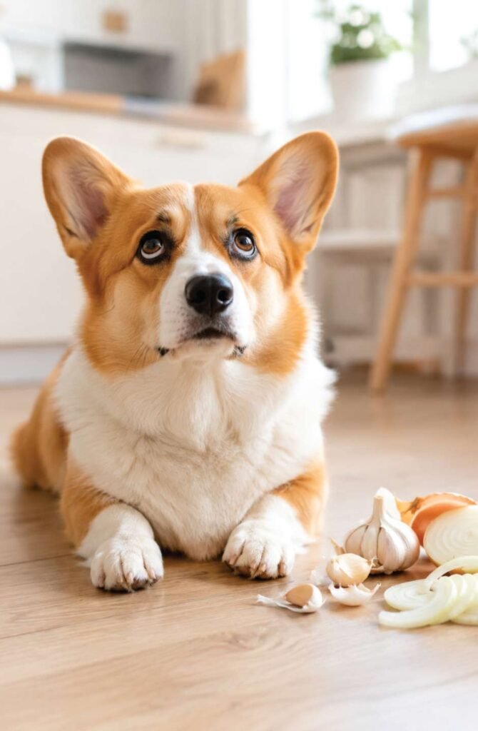 Border collie dog near scattered grapes and raisins on floor showing kidney failure risk