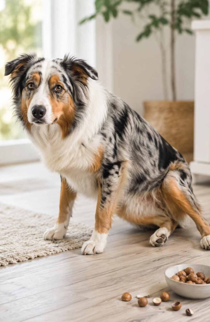 Australian shepherd dog showing hind leg weakness after macadamia nut poisoning