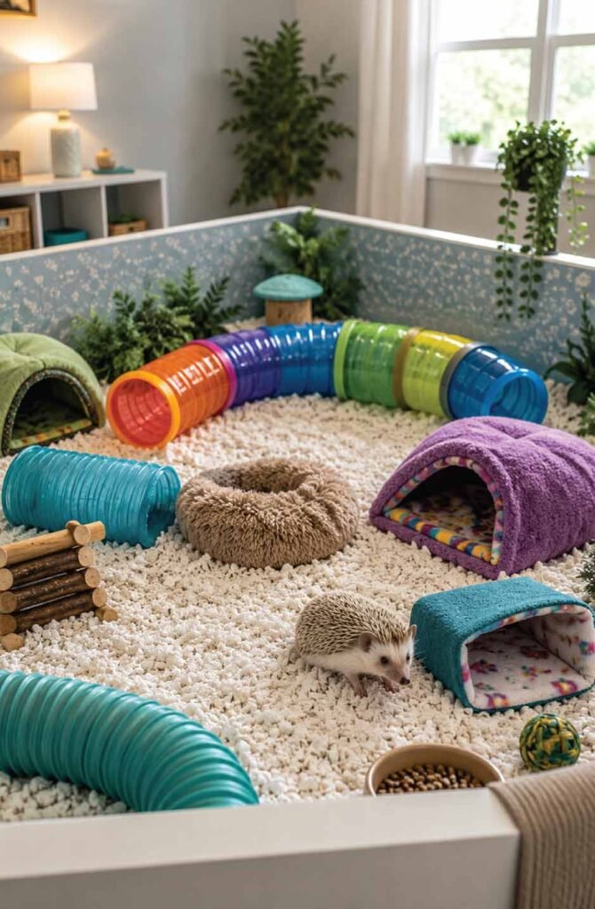A spacious, solid-bottom hedgehog cage filled with safe tunnels, fleece hides, and paper bedding.