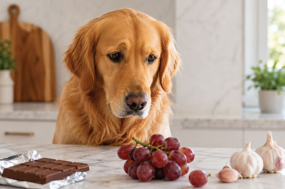 Dog looking at toxic foods on kitchen counter including chocolate and grapes