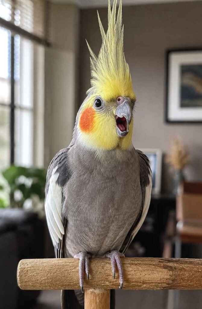 A beautiful vertical portrait of a male Cockatiel on a perch with its crest fully erect, emitting a vocalization in a domestic living room.