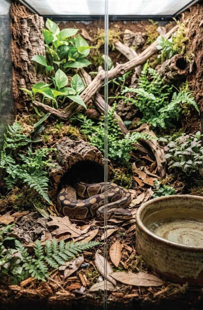 Ball python enclosure with secure hides, leaf litter, and a natural rainforest-floor look.