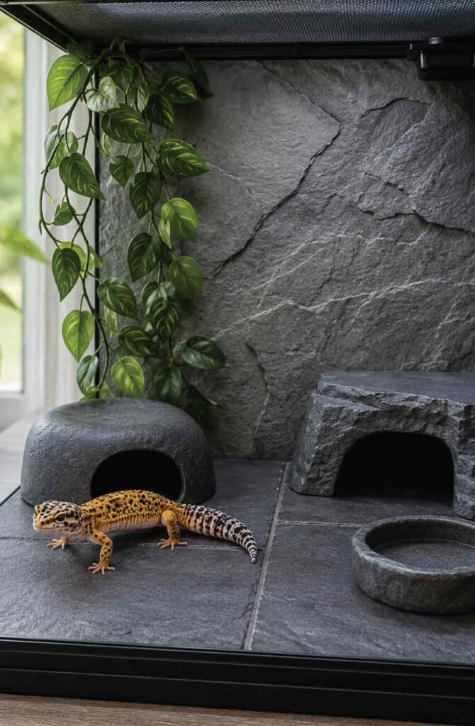 Low-maintenance reptile enclosure with tile flooring and simple easy-to-clean decor.