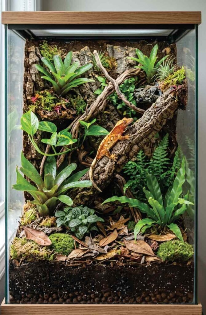 Lush bioactive reptile tank with live plants, leaf litter, and a natural ecosystem design.