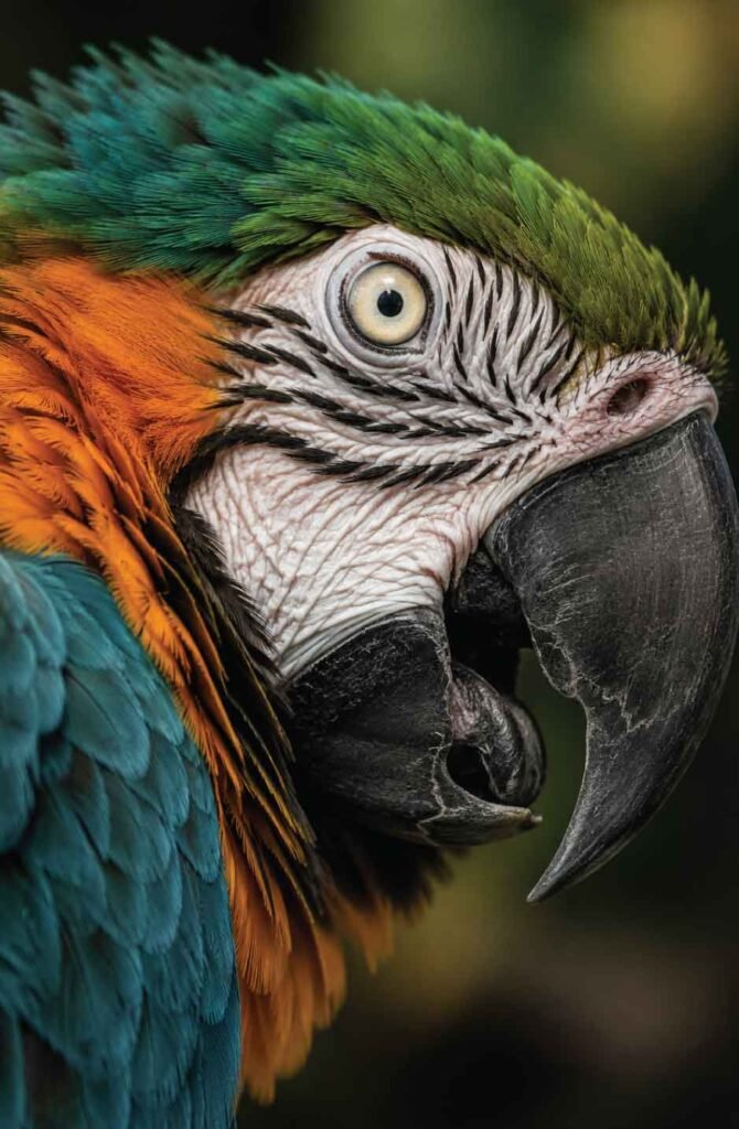 Close-up of a parrot showing eye pinning and raised neck feathers, warning signs before an aggressive lunge