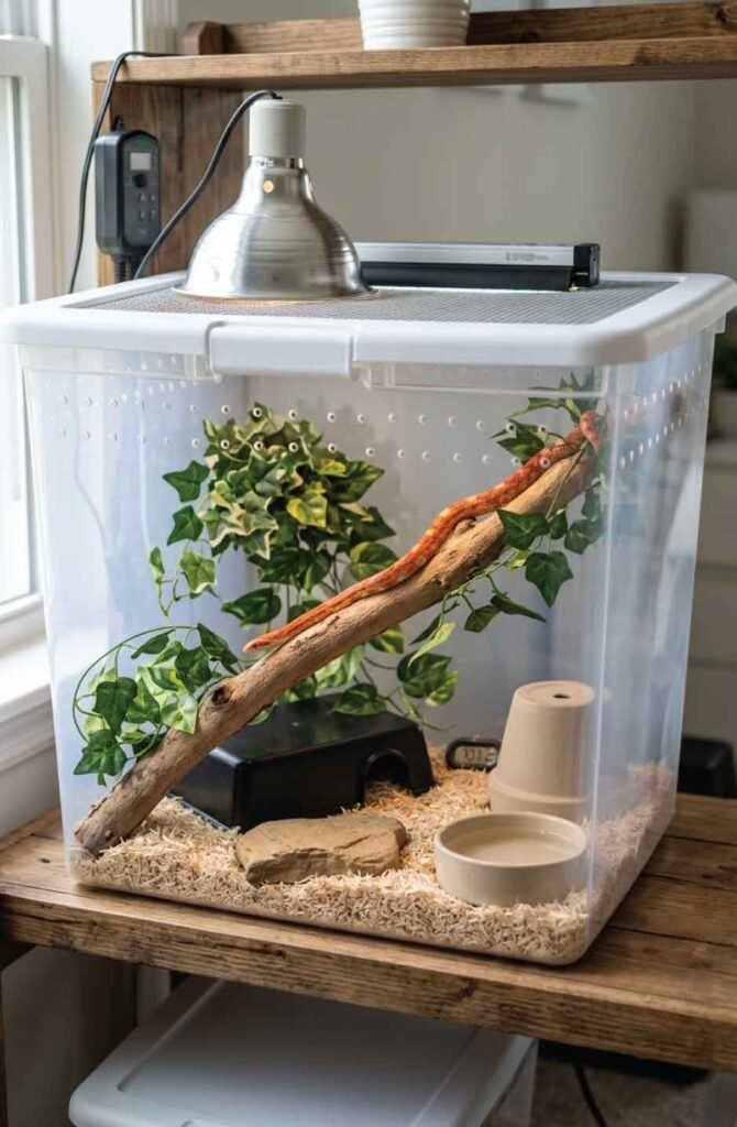 Budget-friendly reptile enclosure with simple decor, safe branches, and a clean layout.