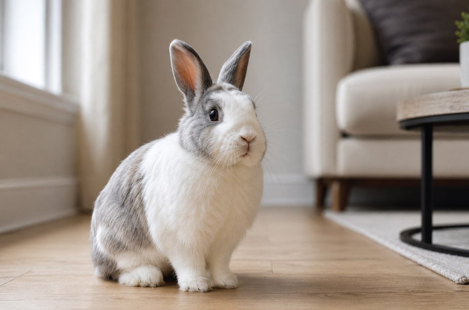 Fluffy pet rabbit sitting in a stylish, bunny-proofed modern living room
