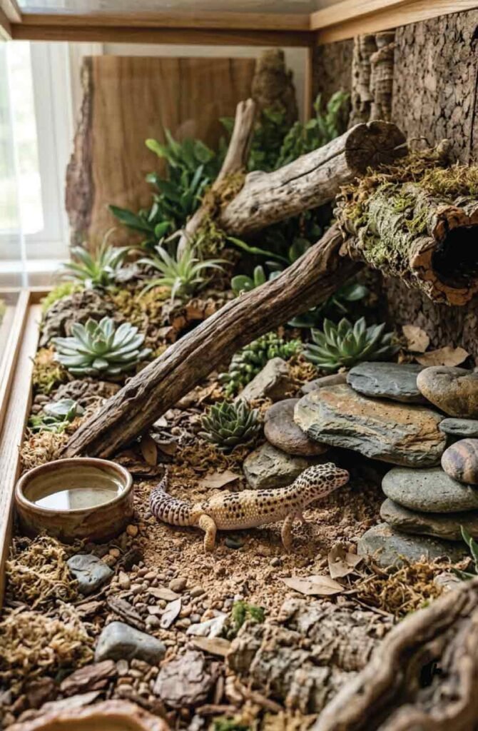 Cozy leopard gecko terrarium with stone hides, earthy decor, and soft desert styling.