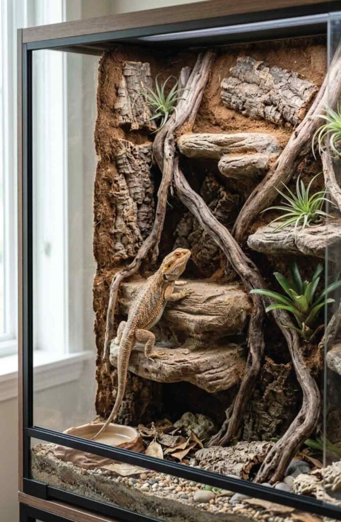 Reptile enclosure with a custom 3D rock background and natural climbing ledges.