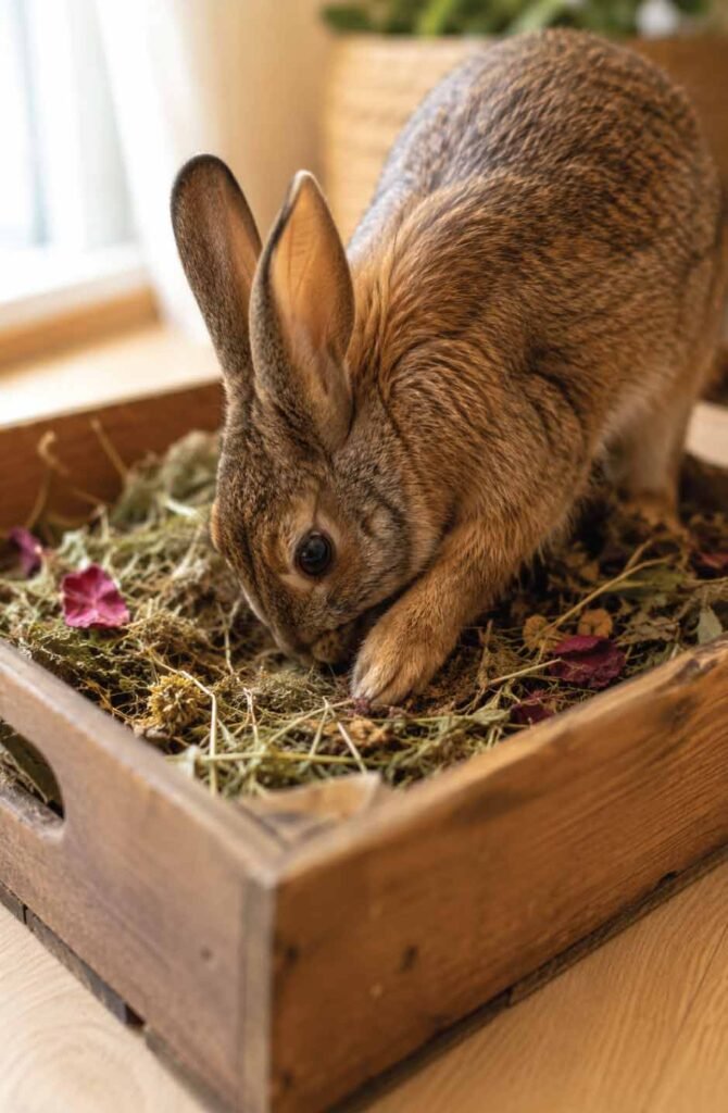 Rabbit foraging in a wooden crate filled with hay, herbs, and dried flowers