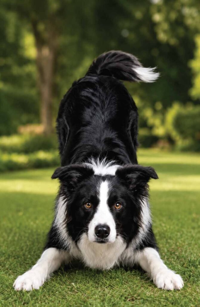 A professional vertical photograph of a black and white Border Collie captured in a classic "Play Bow" posture, against a diffused grey background, with front legs low, rear elevated, and a focused expression.