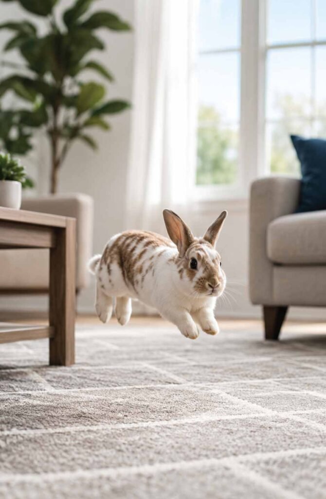 Rabbit hopping across a durable low-pile washable rug in a modern living room