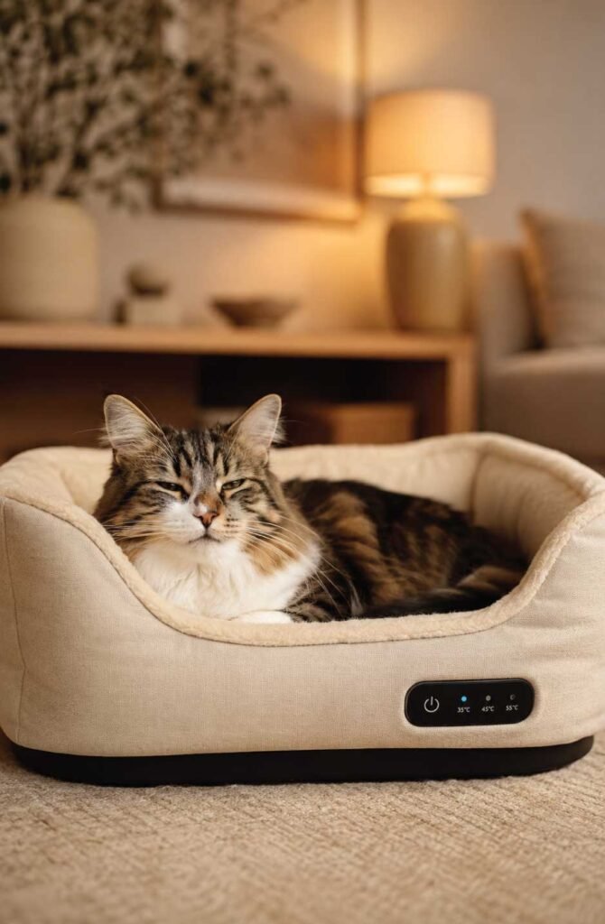 A calm domestic cat resting comfortably inside a minimal, modern cream-colored heated pet bed in a cozy home environment.