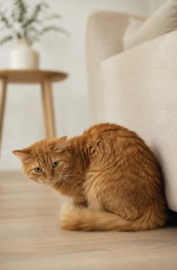 A fluffy ginger cat sitting in a tight, hunched-up posture on a light wood floor next to a modern sofa, looking down.