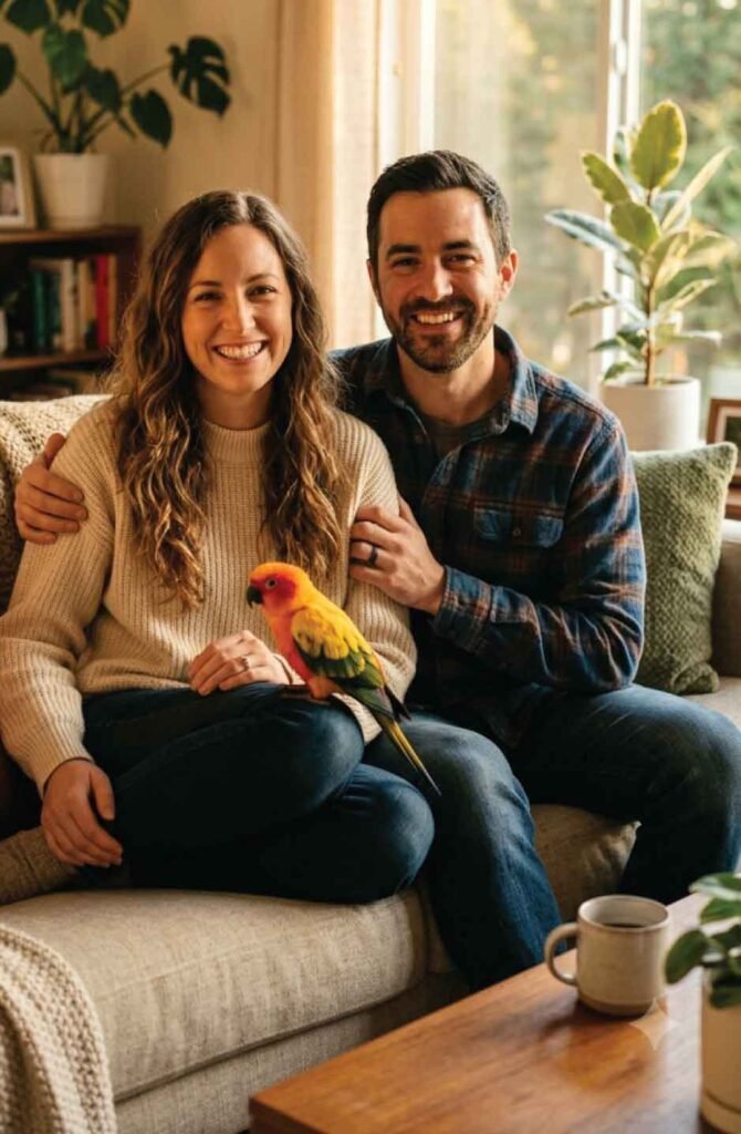 Happy couple sitting together with a calm, relaxed parrot perched on the woman's knee in a warm living room
