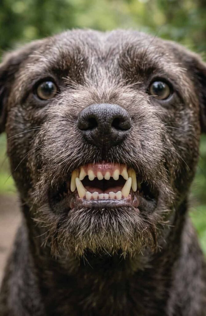 A hyperrealistic close-up focusing on a dog's tense muzzle, illustrating offensive aggression in dog body language: lips are deeply wrinkled and pulled strictly vertically (an 'offensive pucker') to expose the canines and gums.