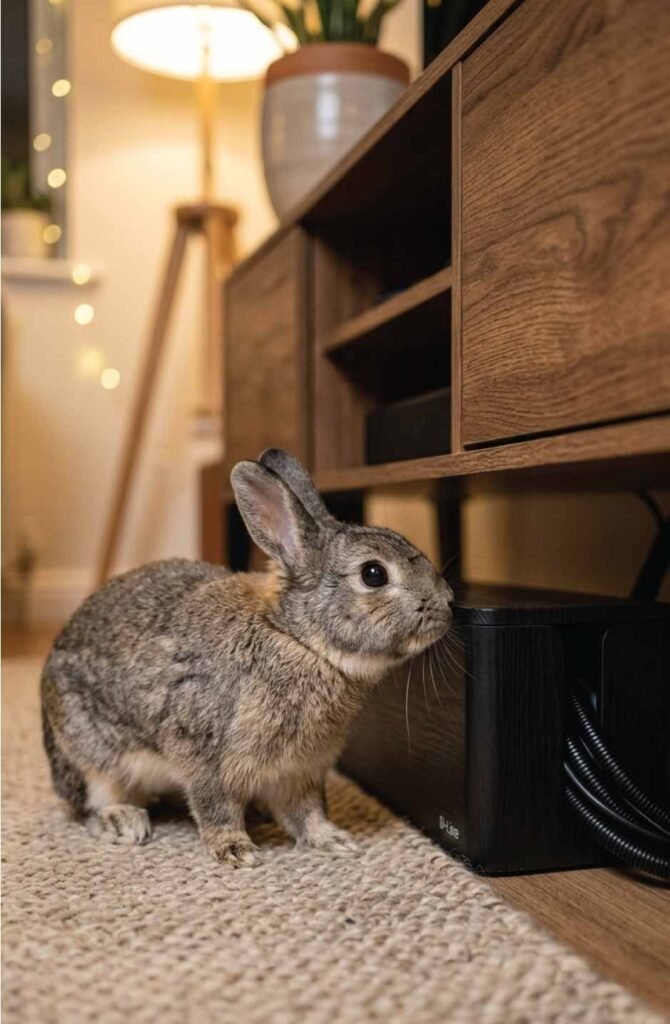 Rabbit near a hidden cord management box keeping electrical cables safely concealed
