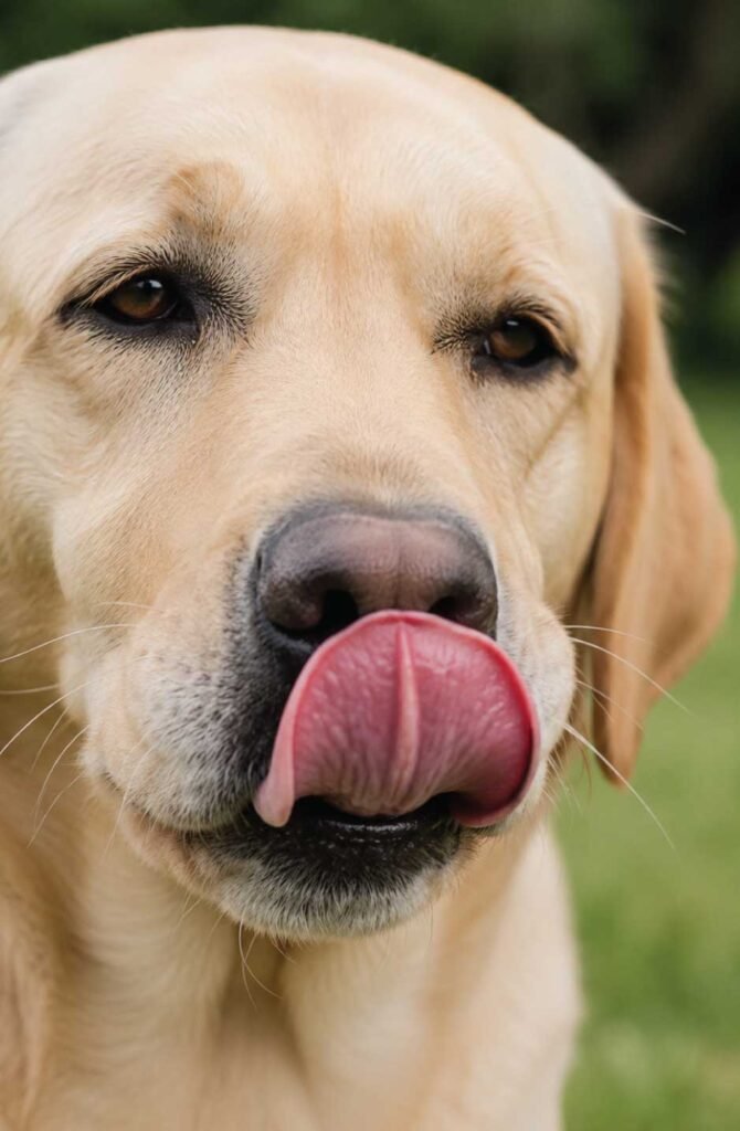 A hyperrealistic close-up focusing on the muzzle of a Labrador Retriever, illustrating a subtle calming signal: a rapid tongue flick that just touches the nose, against a diffused grey studio background.