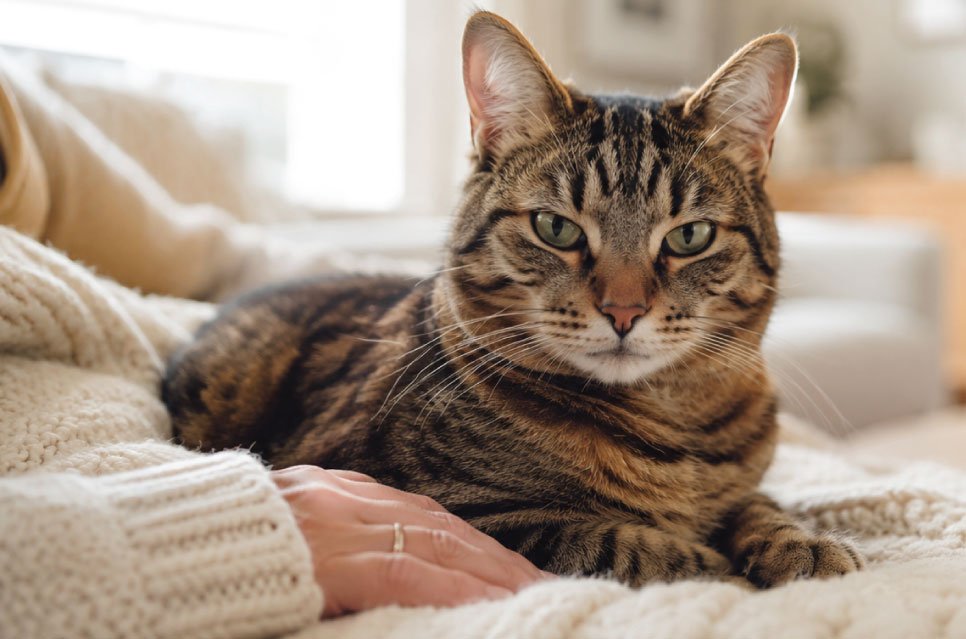 A close-up of a beautiful tabby cat resting on a soft beige blanket in a bright, modern living room while an owner's hand gently rests nearby.