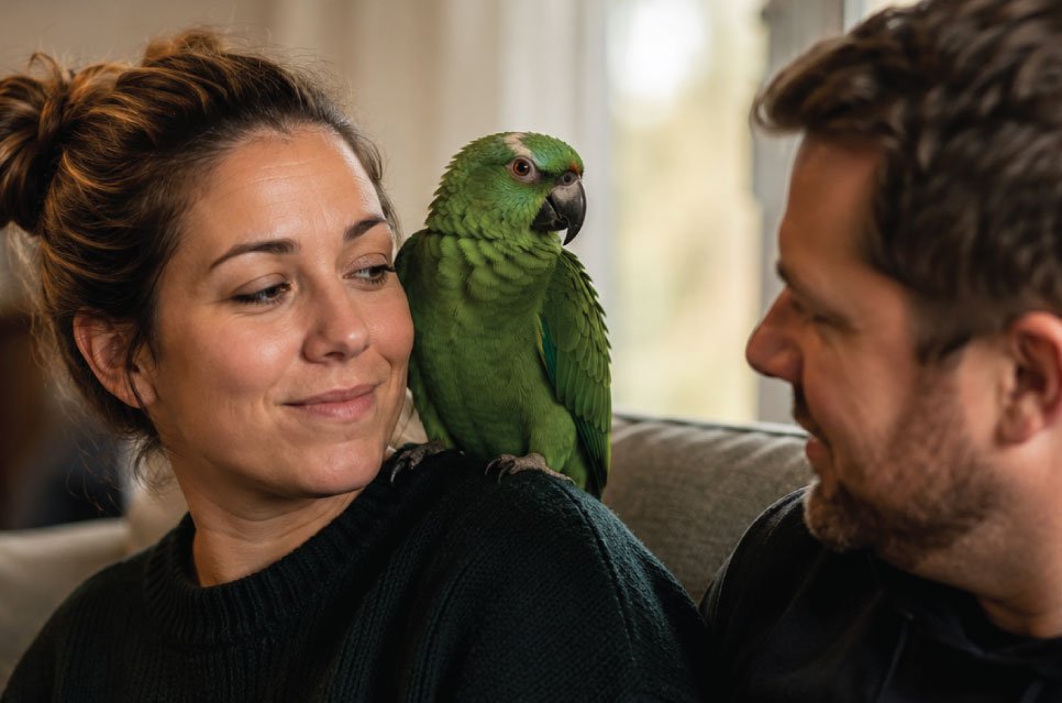 Green parrot sitting on a woman's shoulder and glaring jealously at a man sitting beside her on a couch