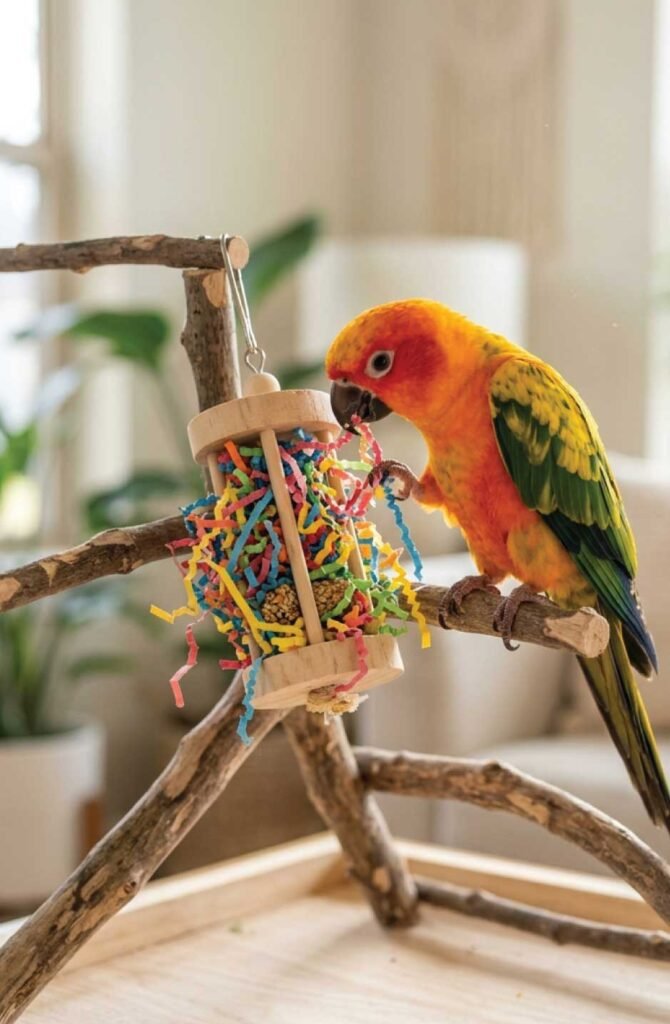 Parrot playing independently with a foraging toy on a tabletop playgym, working to find hidden treats