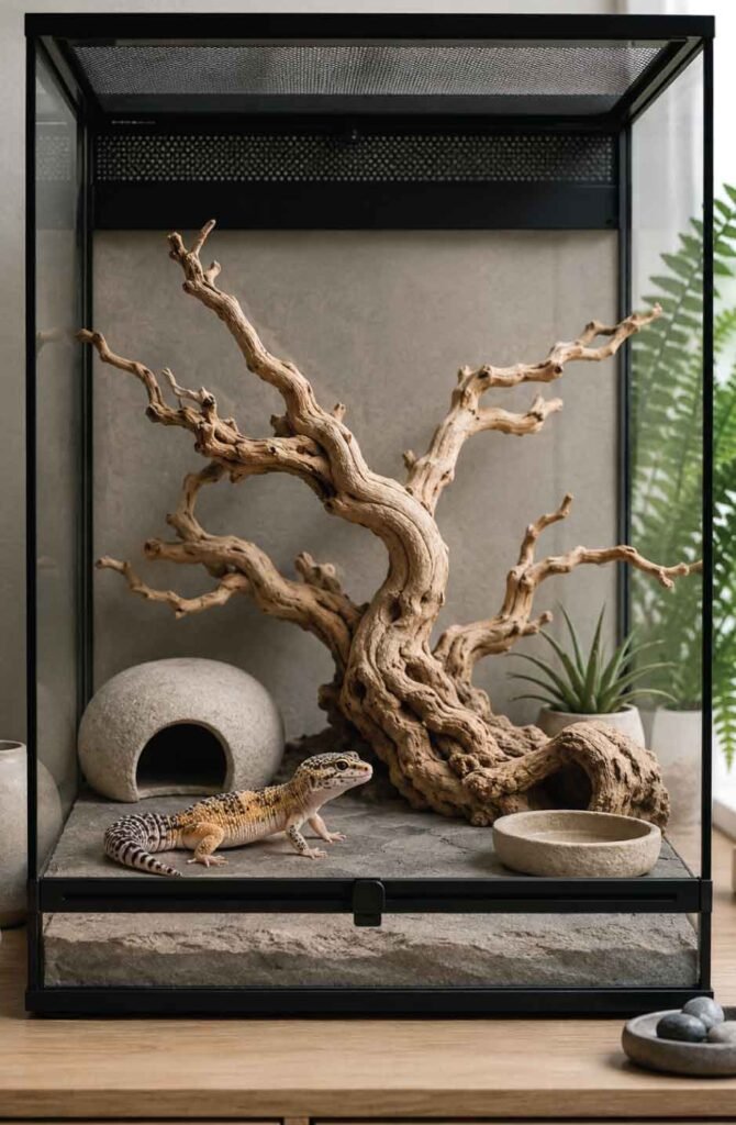 Minimalist modern reptile terrarium with clean lines, natural decor, and elegant styling.