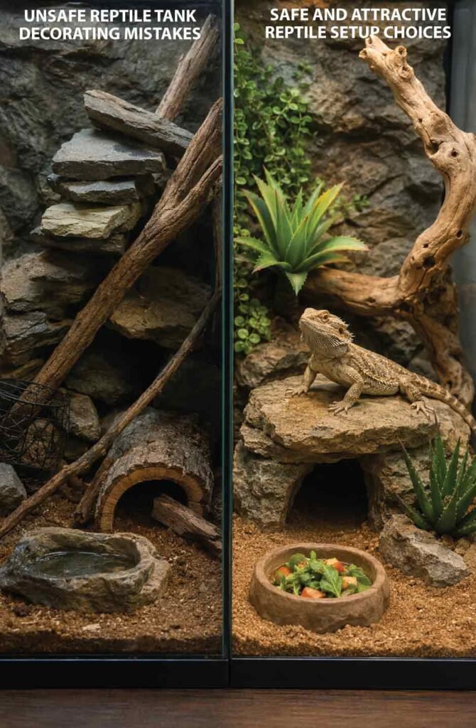 Comparison of unsafe and safe reptile tank decorating choices in a realistic terrarium setup.