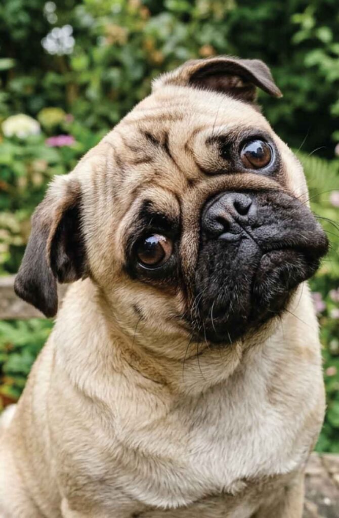 A vertical close-up photograph of a fawn Pug against a soft grey background, with a profound head tilt and intensely rounded eyes. The natural skin folds emphasize its look of confusion and stress, illustrating the communication gap.