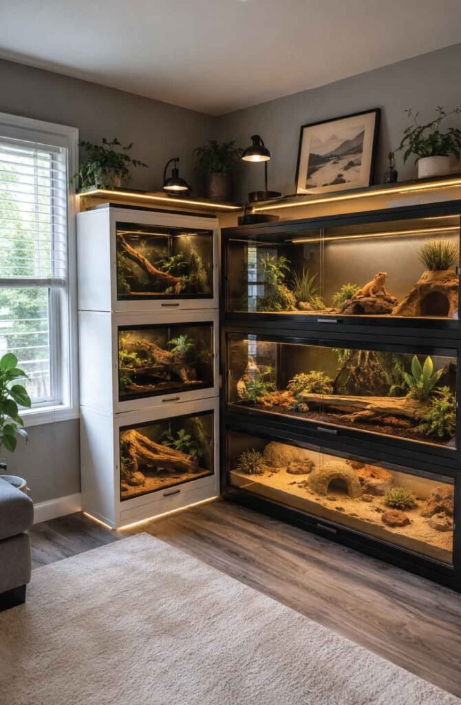 Organized reptile room corner with stacked enclosures and clean modern styling.
