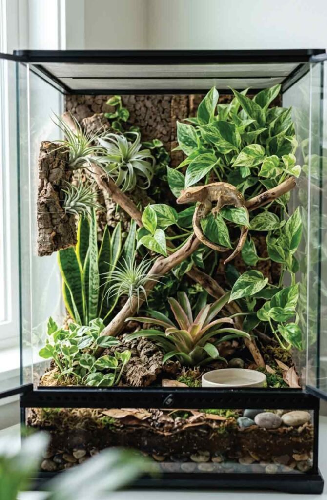 Planted reptile terrarium with safe live plants and a lush botanical design.