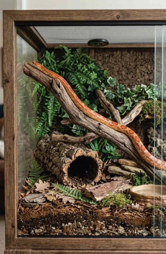 Simple corn snake enclosure with woodland decor, branches, and natural substrate.