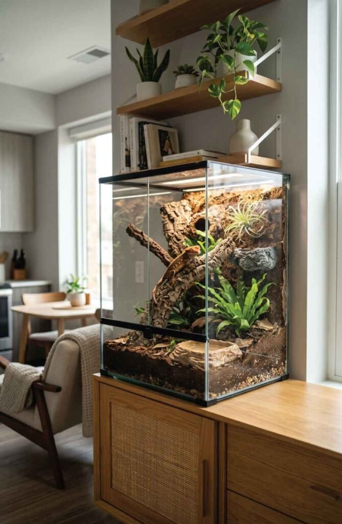 Small apartment reptile setup with a stylish terrarium on compact furniture.